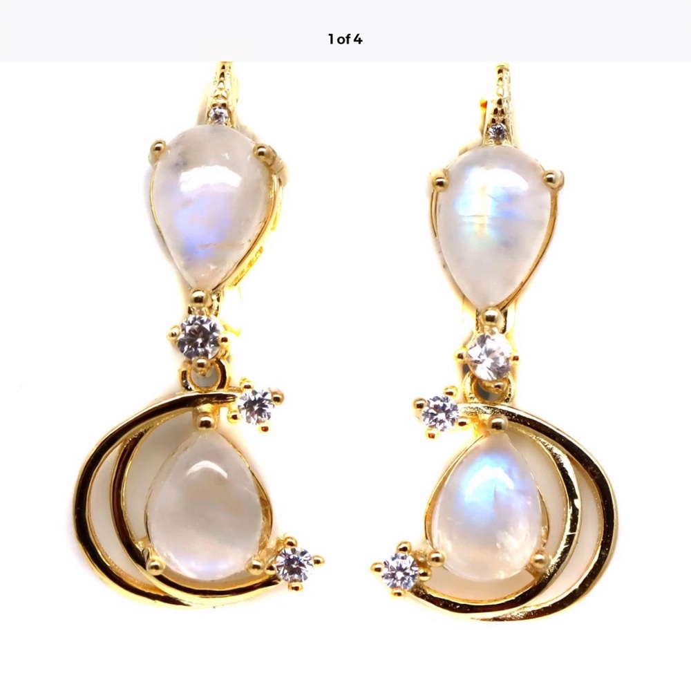 18K/925 Genuine rainbow moonstone and white zircon dangle Earrings